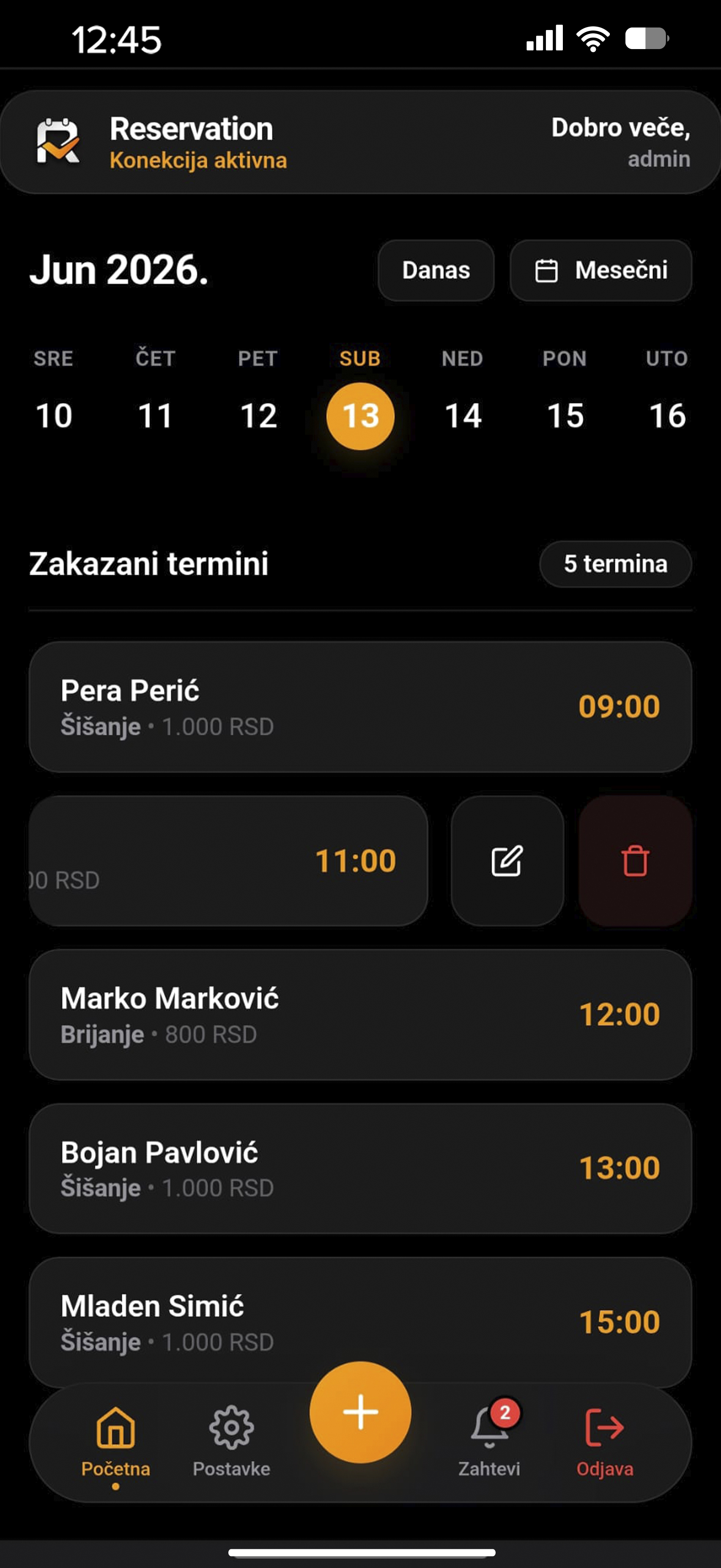 Reservation aplikacija — pregled zakazanih termina